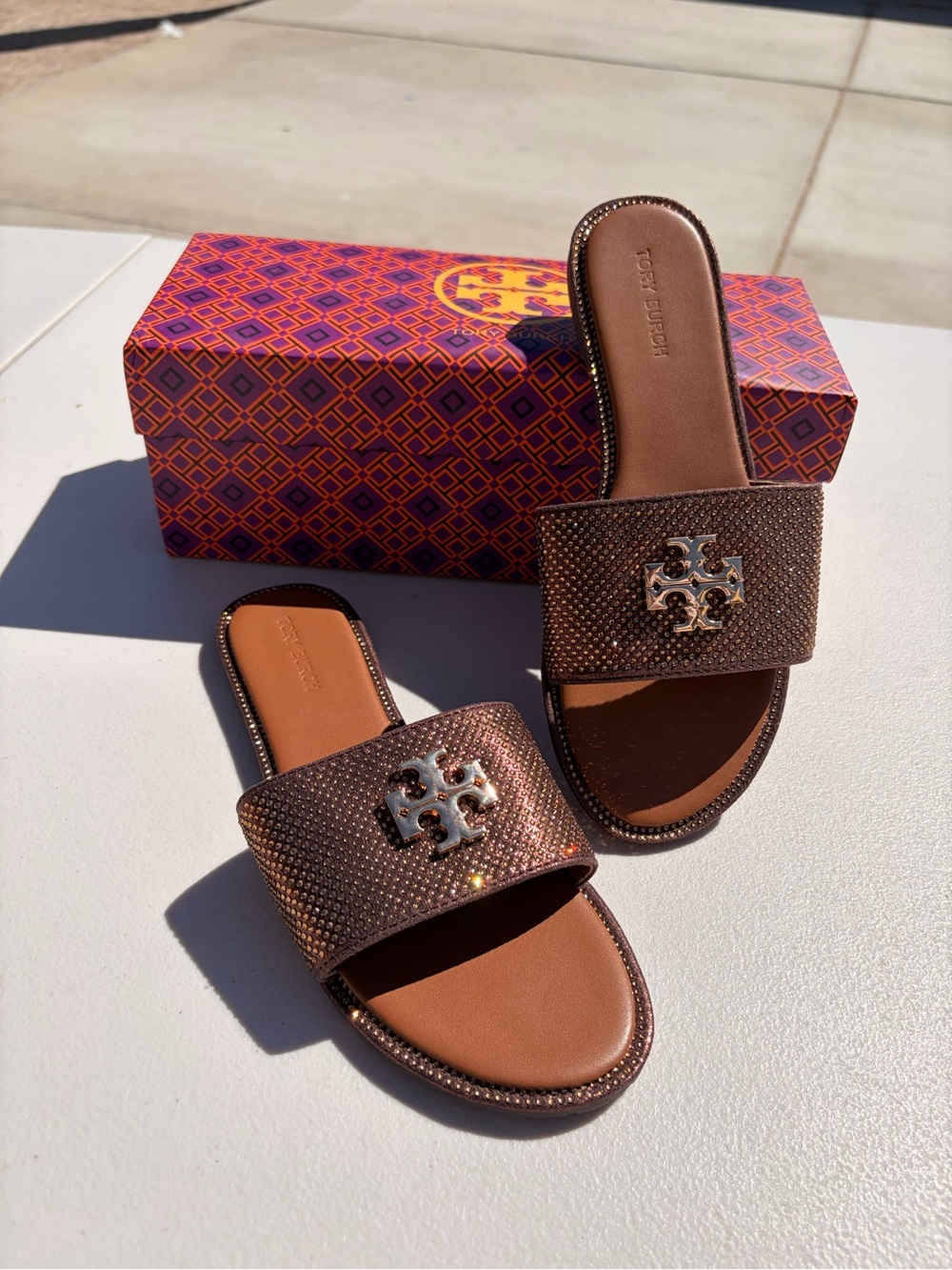 Tory Burch Bronze Metallic Logo Slide Sandals